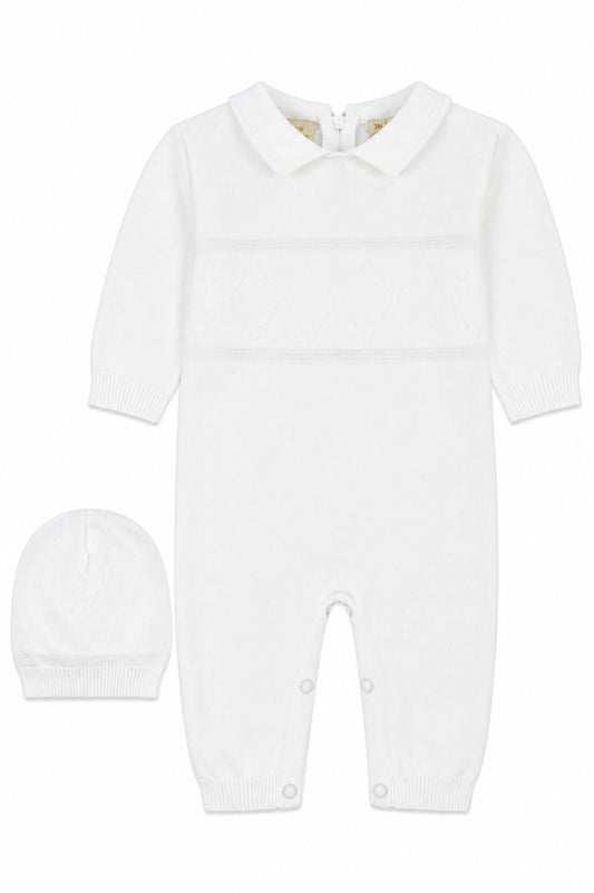 Carriage Boutique white knit baby boy christening outfit with diamond stitch pattern, notched collar, and matching hat