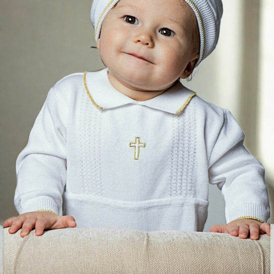 Carriage Boutique baby boy white knit christening outfit with gold cross embroidery and matching hat