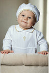 Carriage Boutique baby boy white knit christening outfit with gold cross embroidery and matching hat
