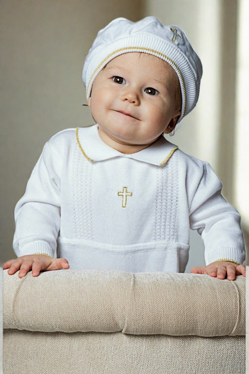 Carriage Boutique baby boy white knit christening outfit with gold cross embroidery and matching hat