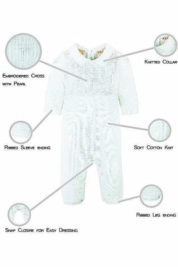 Carriage Boutique white knit cotton christening romper with embroidered cross, pearl detail, and ribbed trim.