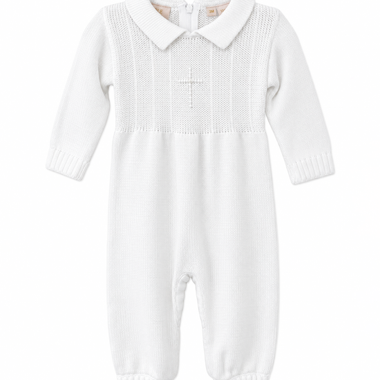 Carriage Boutique white knit cotton baby boy christening romper with embroidered cross and pearl detail.