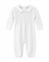 Carriage Boutique white knit cotton baby boy christening romper with embroidered cross and pearl detail.