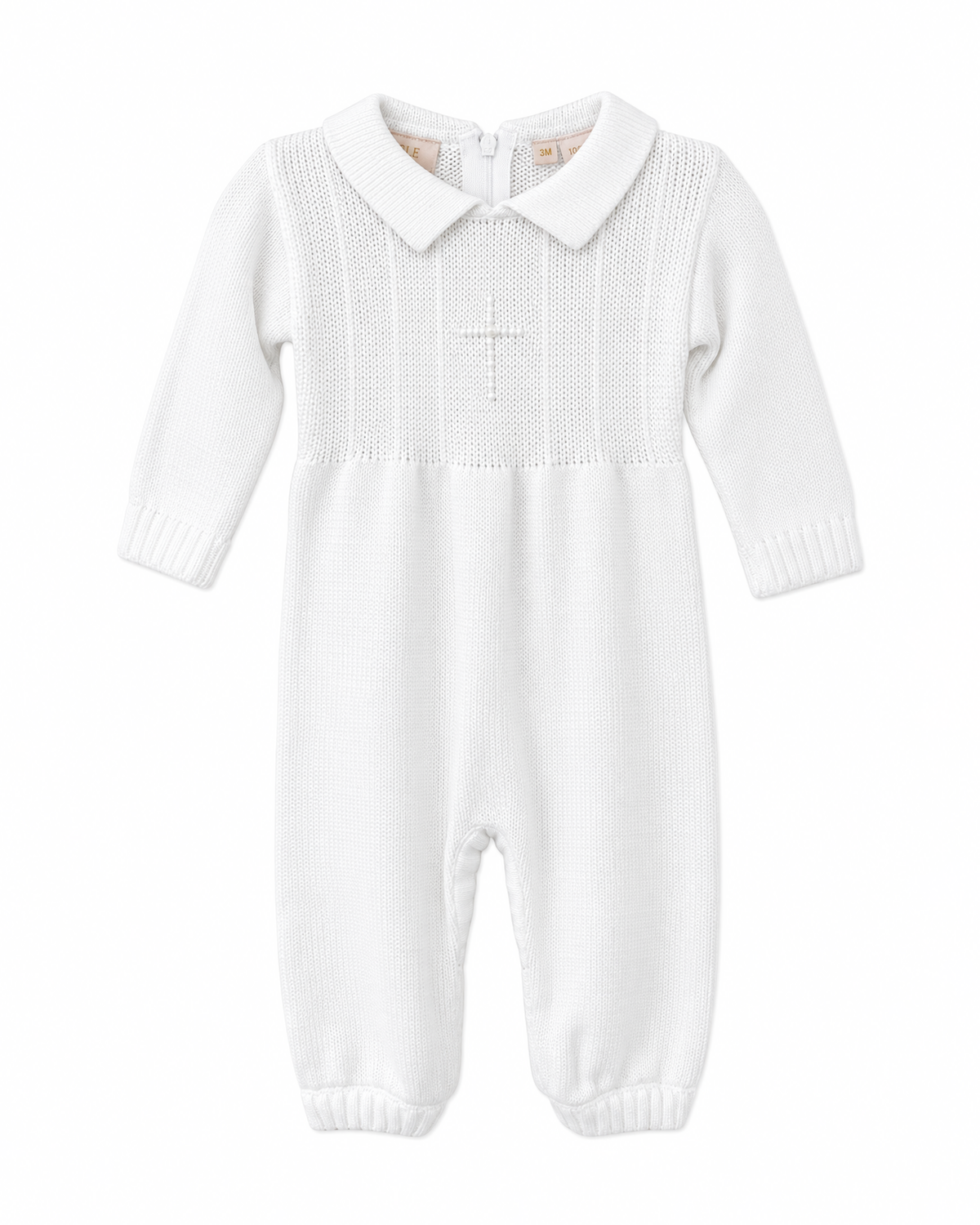 Carriage Boutique white knit cotton baby boy christening romper with embroidered cross and pearl detail.