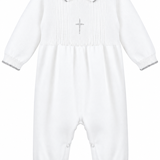 Carriage Boutique white knit baby boy christening romper with silver cross embroidery and pearl accents