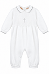 Carriage Boutique white knit baby boy christening romper with silver cross embroidery and pearl accents