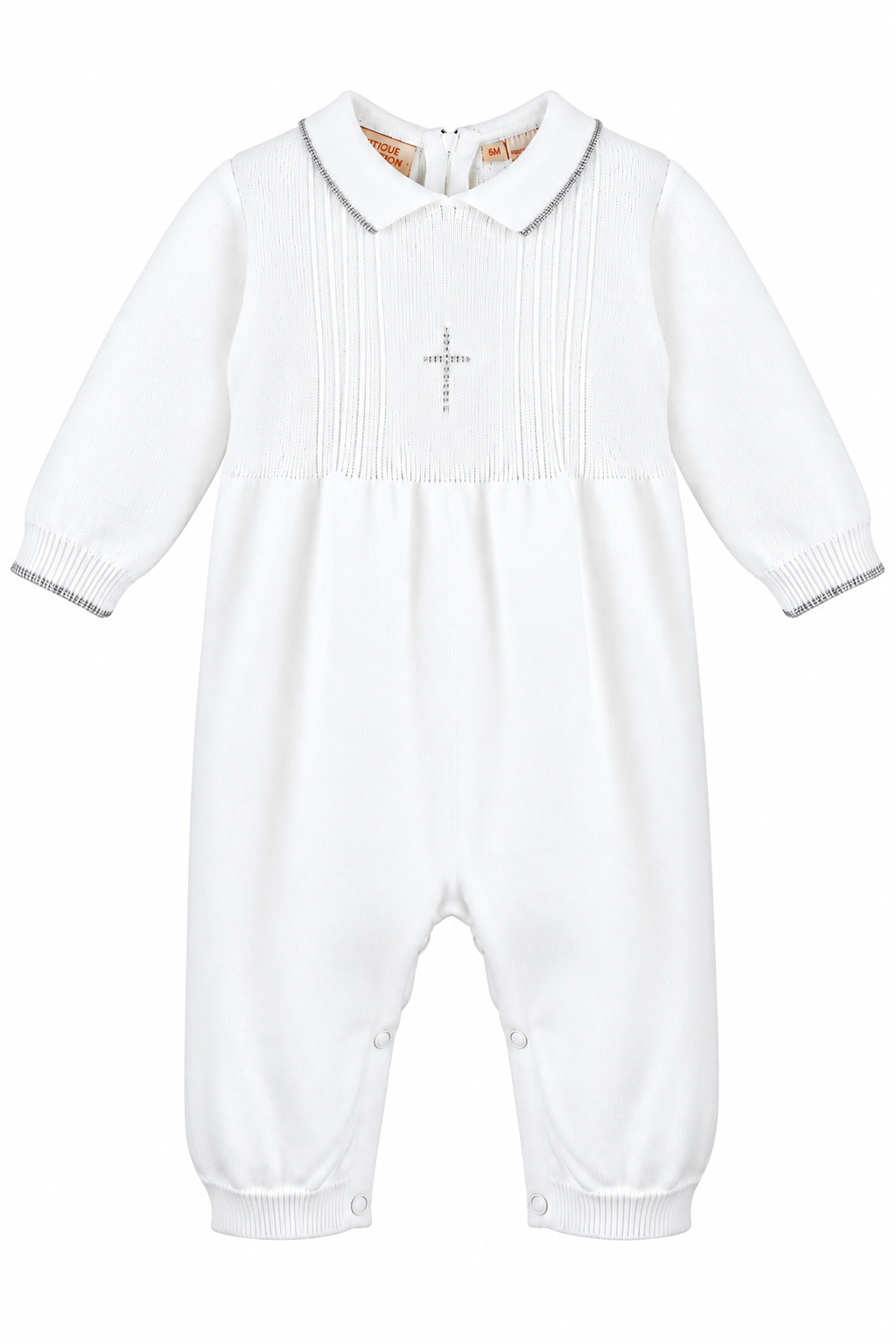 Carriage Boutique white knit baby boy christening romper with silver cross embroidery and pearl accents