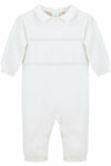 Carriage Boutique white knit baby boy christening romper with diamond stitch pattern and notched collar