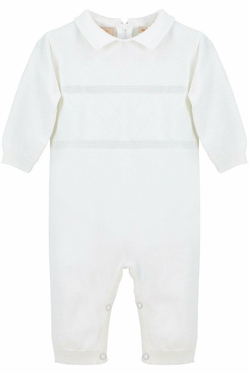 Carriage Boutique white knit baby boy christening romper with diamond stitch pattern and notched collar