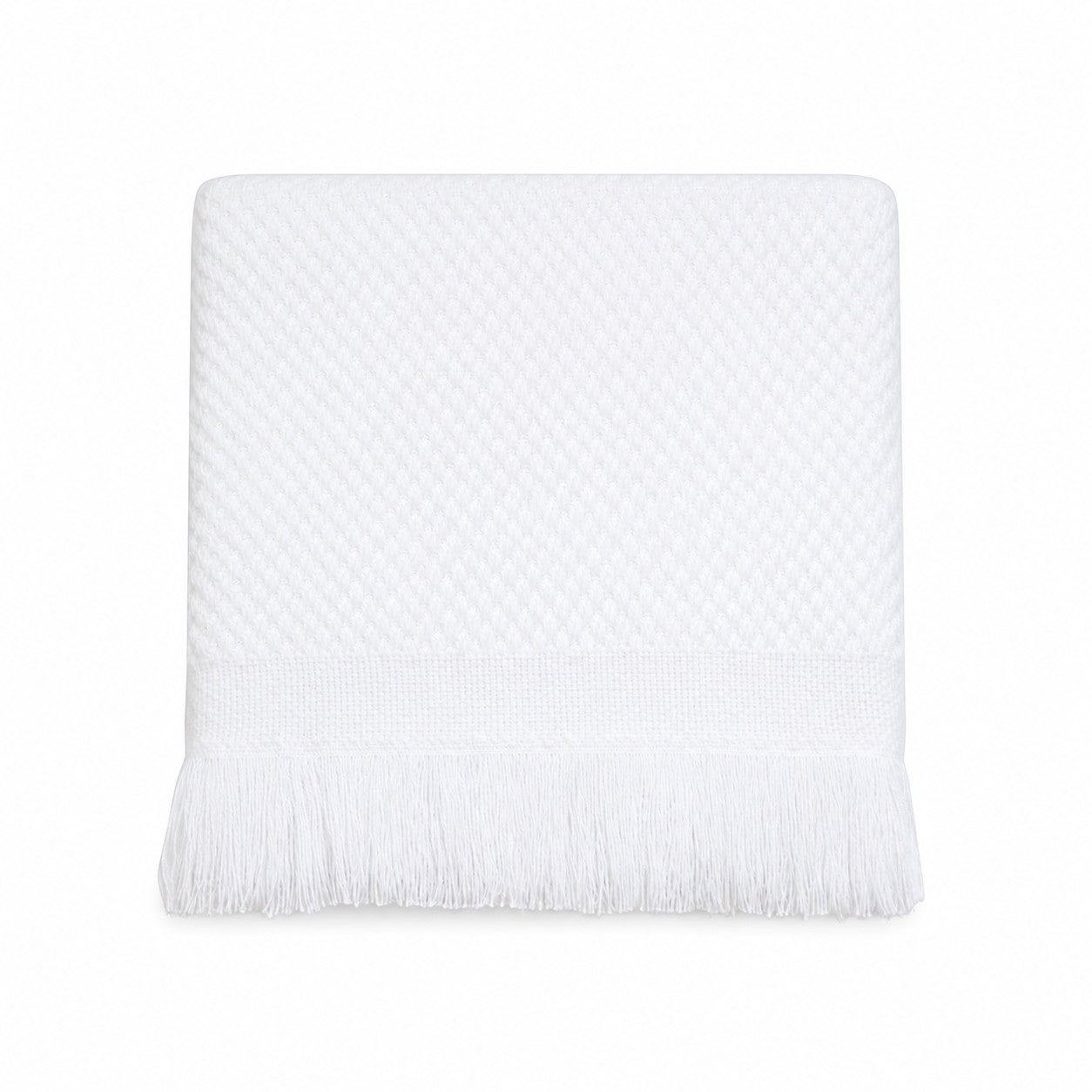 Carriage Boutique white knit baby blanket with textured diamond pattern and elegant fringe trim
