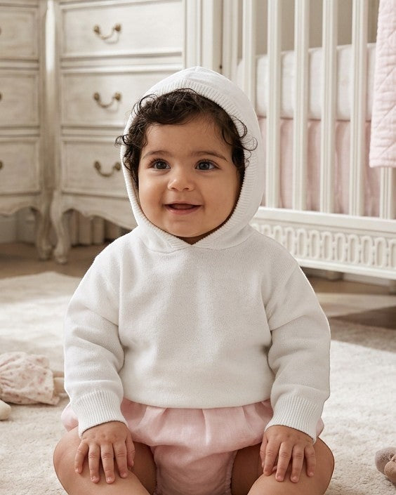 Carriage Boutique white knit hooded baby sweater made of soft cotton worn by a smiling baby in a nursery.