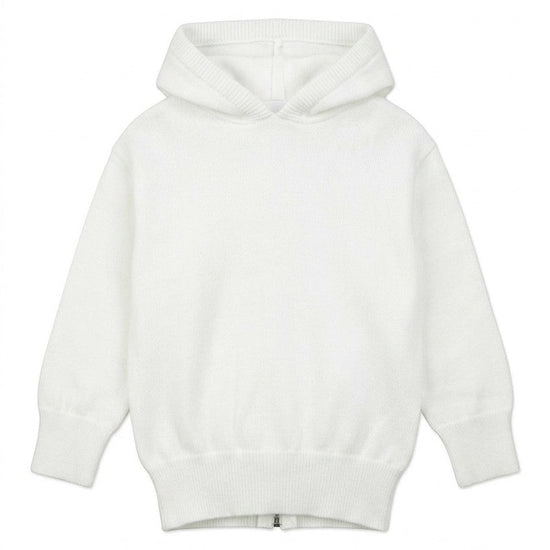 Carriage Boutique Julius Berger white cotton knit baby sweater with a cozy hood and convenient zip-back closure.