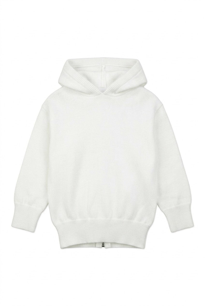 Carriage Boutique Julius Berger white cotton knit baby sweater with a cozy hood and convenient zip-back closure.