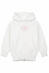 Carriage Boutique white cotton knit baby sweater with a hood, zip back, and pink monogram embroidery on the chest.