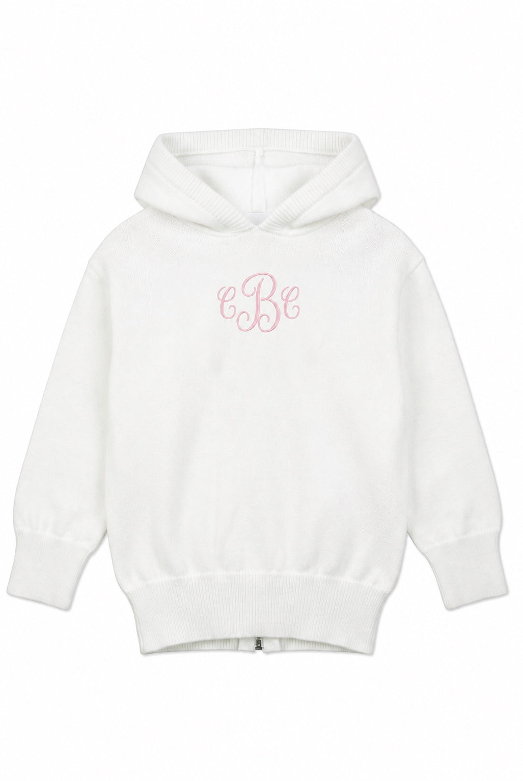 Carriage Boutique white cotton knit baby sweater with a hood, zip back, and pink monogram embroidery on the chest.
