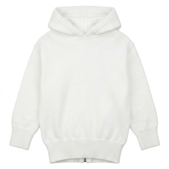 Carriage Boutique white knit hooded baby sweater with a zip back closure made from soft cotton.