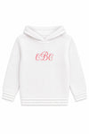 Carriage Boutique white knit baby boy hoodie with a hood and custom red embroidered monogram on the chest