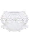 Carriage Boutique white knitted cotton baby diaper cover with ruffled leg openings and elastic waistband.