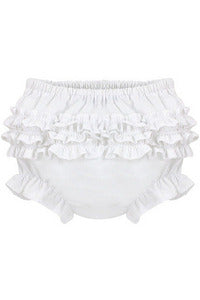 Carriage Boutique white knitted cotton baby diaper cover with ruffled leg openings and elastic waistband.