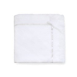 Carriage Boutique white baby blanket with delicate ribbon and cross embroidery and elegant Belgium lace trim