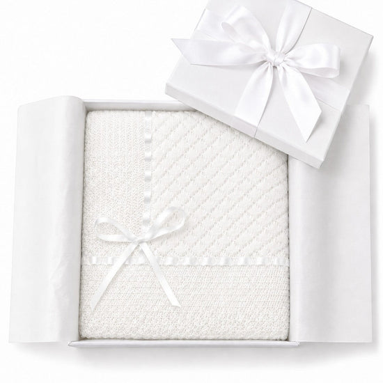 Carriage Boutique white baby blanket with delicate Belgium lace and satin ribbon trim in a gift box