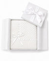 Carriage Boutique white baby blanket with delicate Belgium lace and satin ribbon trim in a gift box