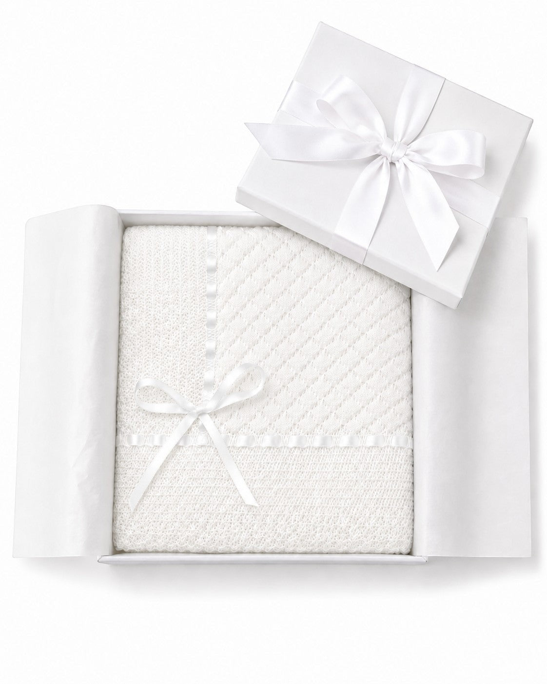 Carriage Boutique white baby blanket with delicate Belgium lace and satin ribbon trim in a gift box