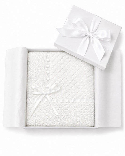 Carriage Boutique white baby blanket with delicate Belgium lace and satin ribbon trim in a gift box