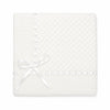 Carriage Boutique white baby blanket featuring delicate Belgium lace trim and a decorative satin ribbon bow.