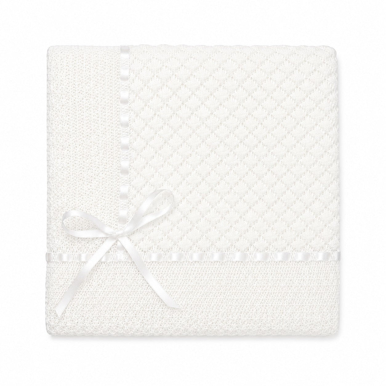 Carriage Boutique white baby blanket featuring delicate Belgium lace trim and a decorative satin ribbon bow.