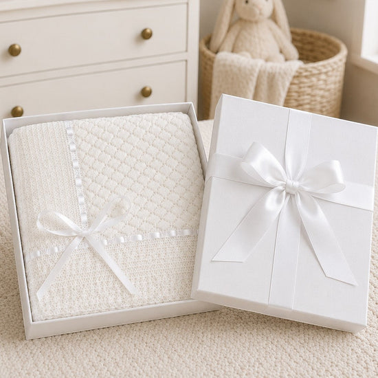 Carriage Boutique Julius Berger white baby blanket with Belgium lace and satin ribbon in a gift box
