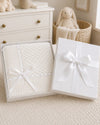 Carriage Boutique Julius Berger white baby blanket with Belgium lace and satin ribbon in a gift box