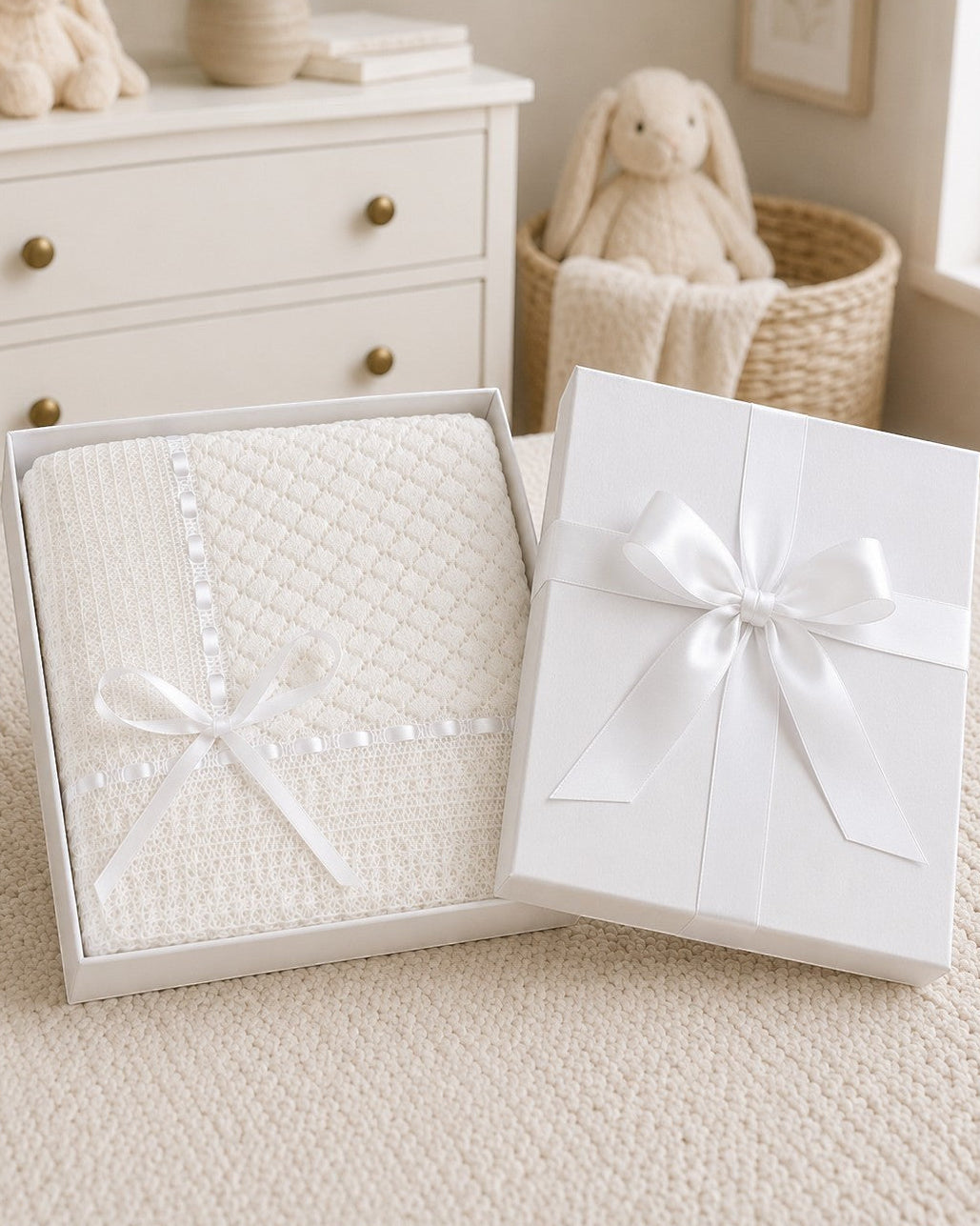 Carriage Boutique Julius Berger white baby blanket with Belgium lace and satin ribbon in a gift box