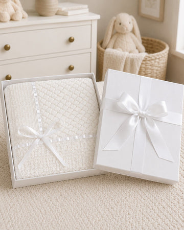 Carriage Boutique Julius Berger white baby blanket with Belgium lace and satin ribbon in a gift box