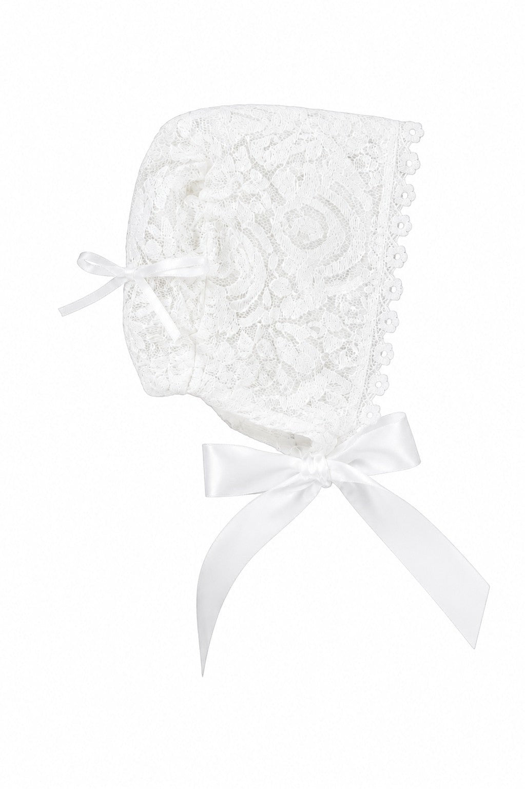 Carriage Boutique white lace baby baptism bonnet with delicate floral patterns and satin ribbon ties.