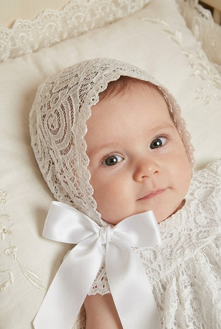 Carriage Boutique baby girl wearing an elegant white lace baptism bonnet with a soft satin ribbon tie.