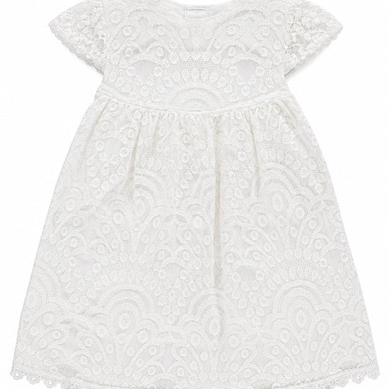 Carriage Boutique white lace baptism dress with short sleeves and intricate floral embroidery for christening ceremonies