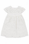 Carriage Boutique white lace baptism dress with short sleeves and intricate floral embroidery for christening ceremonies
