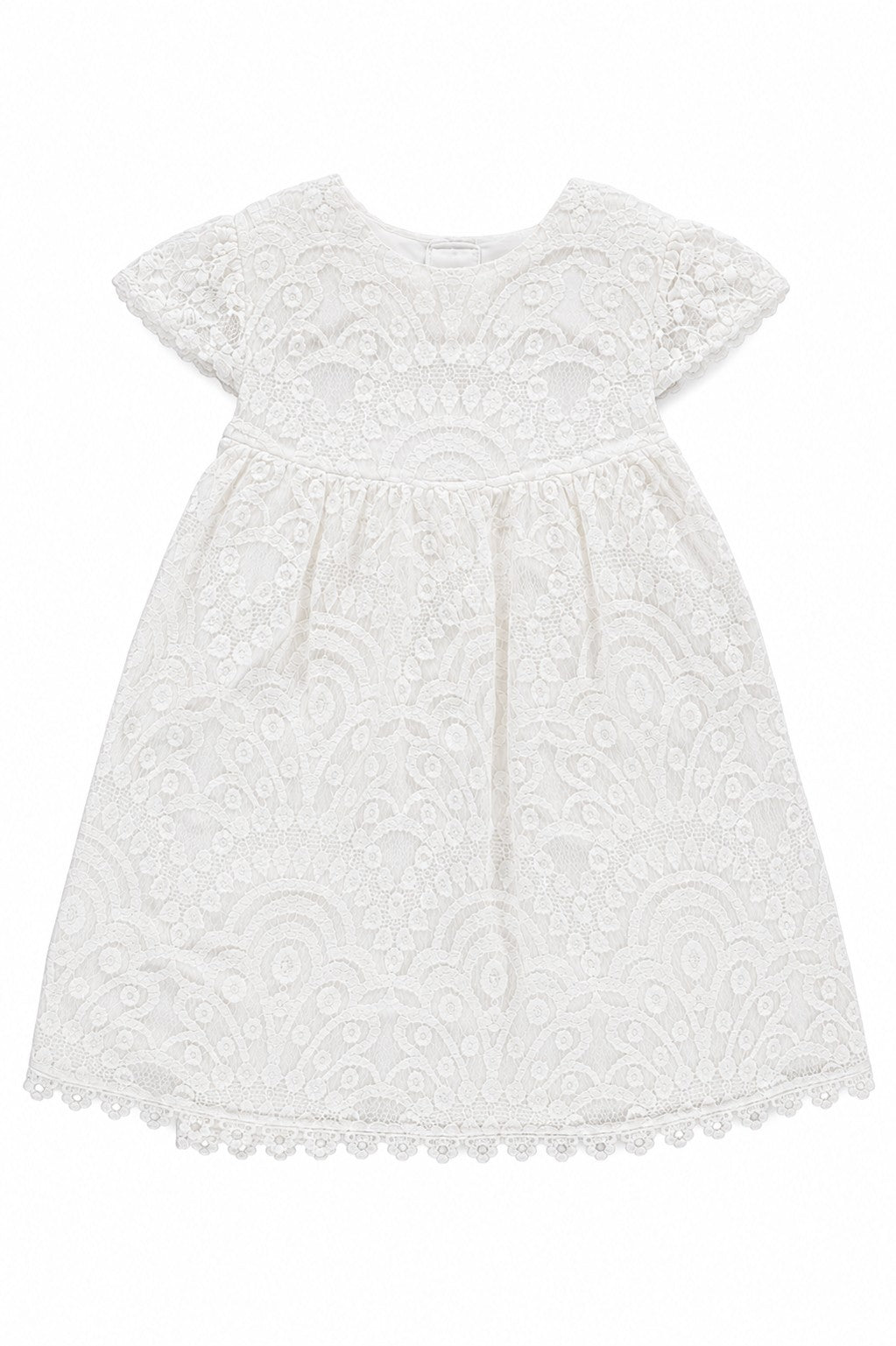 Carriage Boutique white lace baptism dress with short sleeves and intricate floral embroidery for christening ceremonies