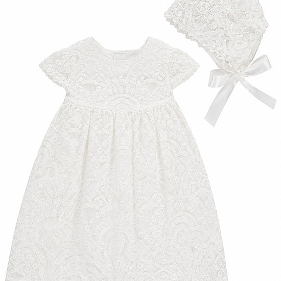 Carriage Boutique white lace baptism dress with matching bonnet for christening ceremonies
