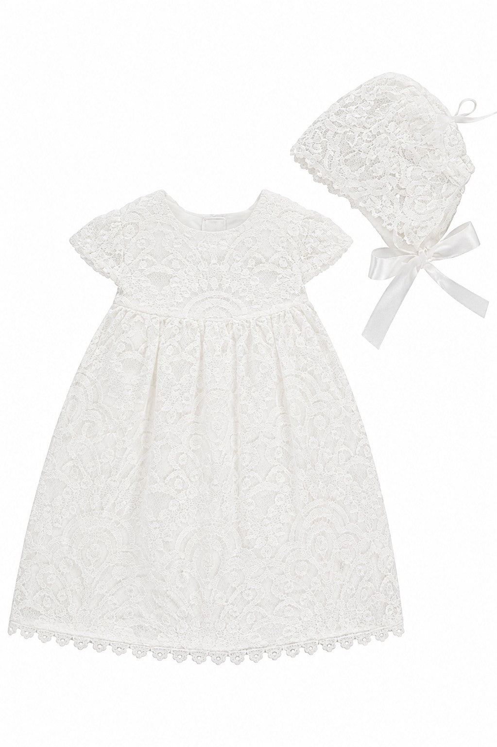 Carriage Boutique white lace baptism dress with matching bonnet for christening ceremonies
