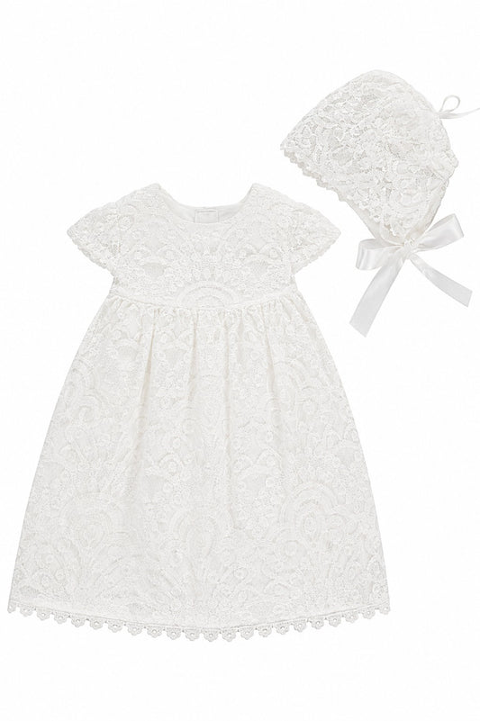 Carriage Boutique white lace baptism dress with matching bonnet for christening ceremonies