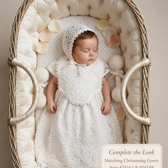 Carriage Boutique white lace christening bib worn by a sleeping baby in a wicker bassinet with a matching bonnet