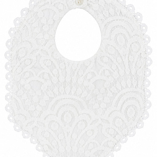Carriage Boutique white lace christening bib with intricate scalloped edges and a small button closure.