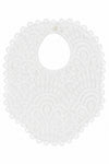 Carriage Boutique white lace christening bib with intricate scalloped edges and a small button closure.