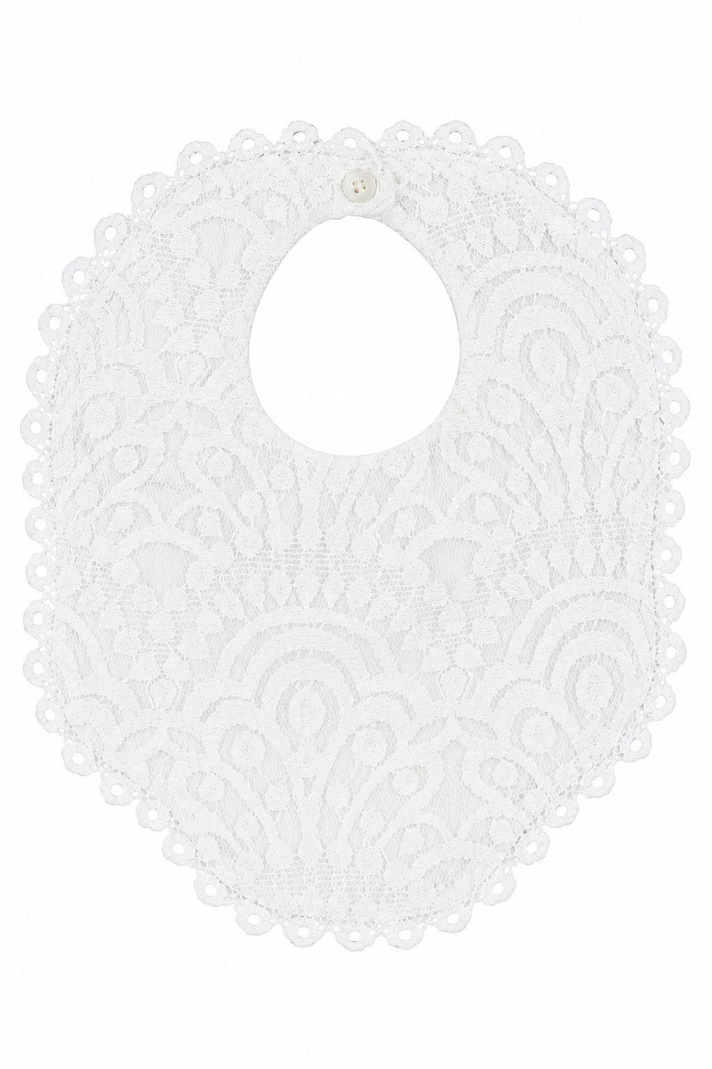 Carriage Boutique white lace christening bib with intricate scalloped edges and a small button closure.