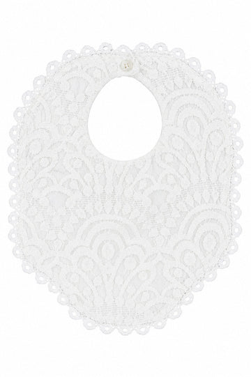 Carriage Boutique white lace christening bib with intricate scalloped edges and a small button closure.