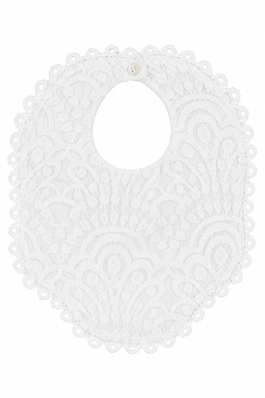 Carriage Boutique white lace christening bib with intricate scalloped edges and a small button closure.