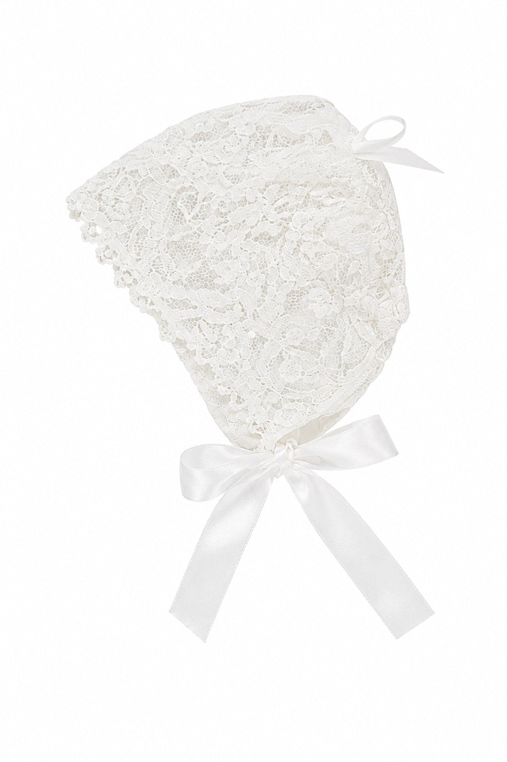 Carriage Boutique white lace christening bonnet with delicate floral patterns and a satin ribbon tie closure.