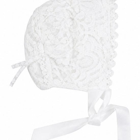 Carriage Boutique white lace christening bonnet with delicate floral patterns and satin ribbon tie for baby baptism